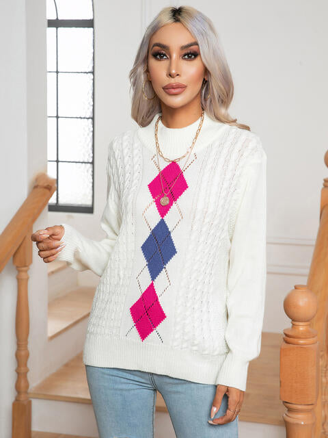 Openwork Geometric Mock Neck Sweater BLUE ZONE PLANET