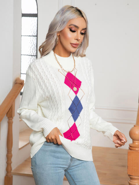 Openwork Geometric Mock Neck Sweater BLUE ZONE PLANET