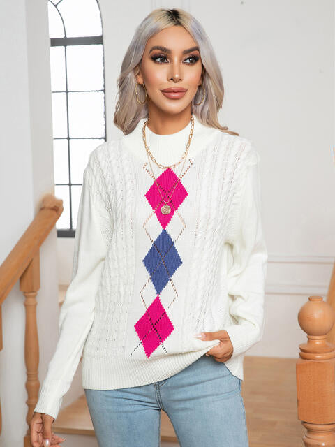 Openwork Geometric Mock Neck Sweater BLUE ZONE PLANET