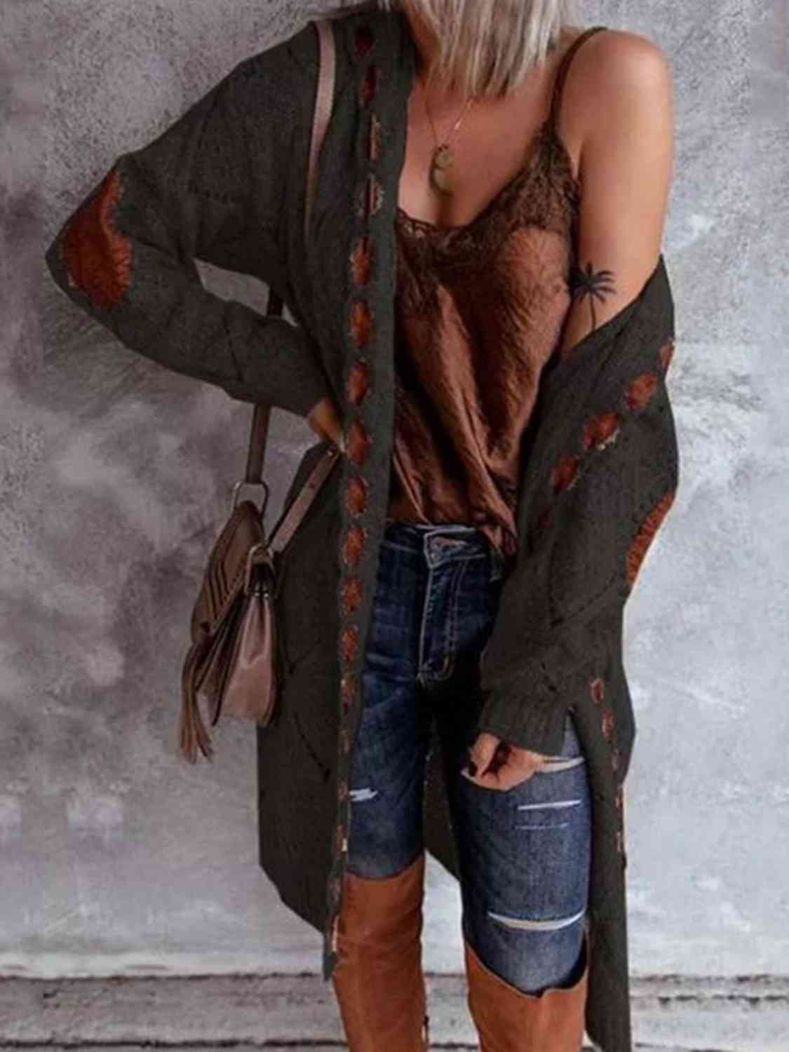 Openwork Long Sleeve Open Front Hooded Cardigan BLUE ZONE PLANET