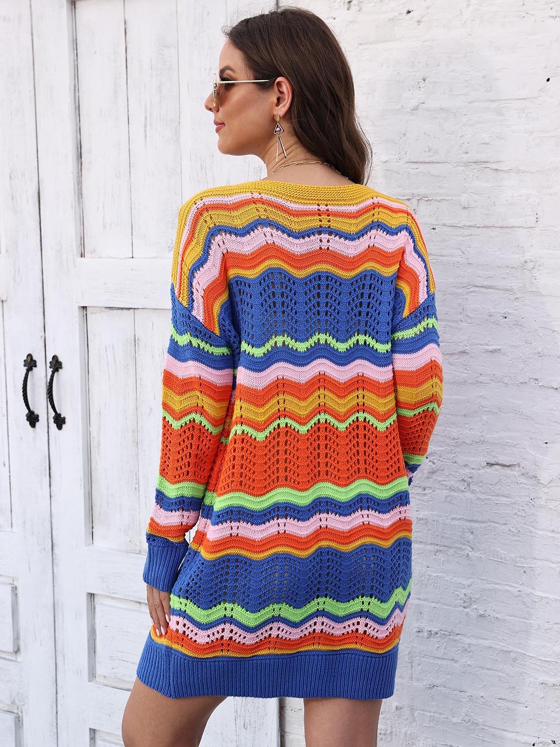 Openwork Round Neck Sweater Dress BLUE ZONE PLANET