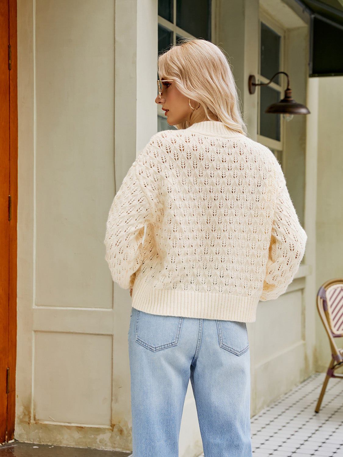 Openwork Round Neck Sweater BLUE ZONE PLANET