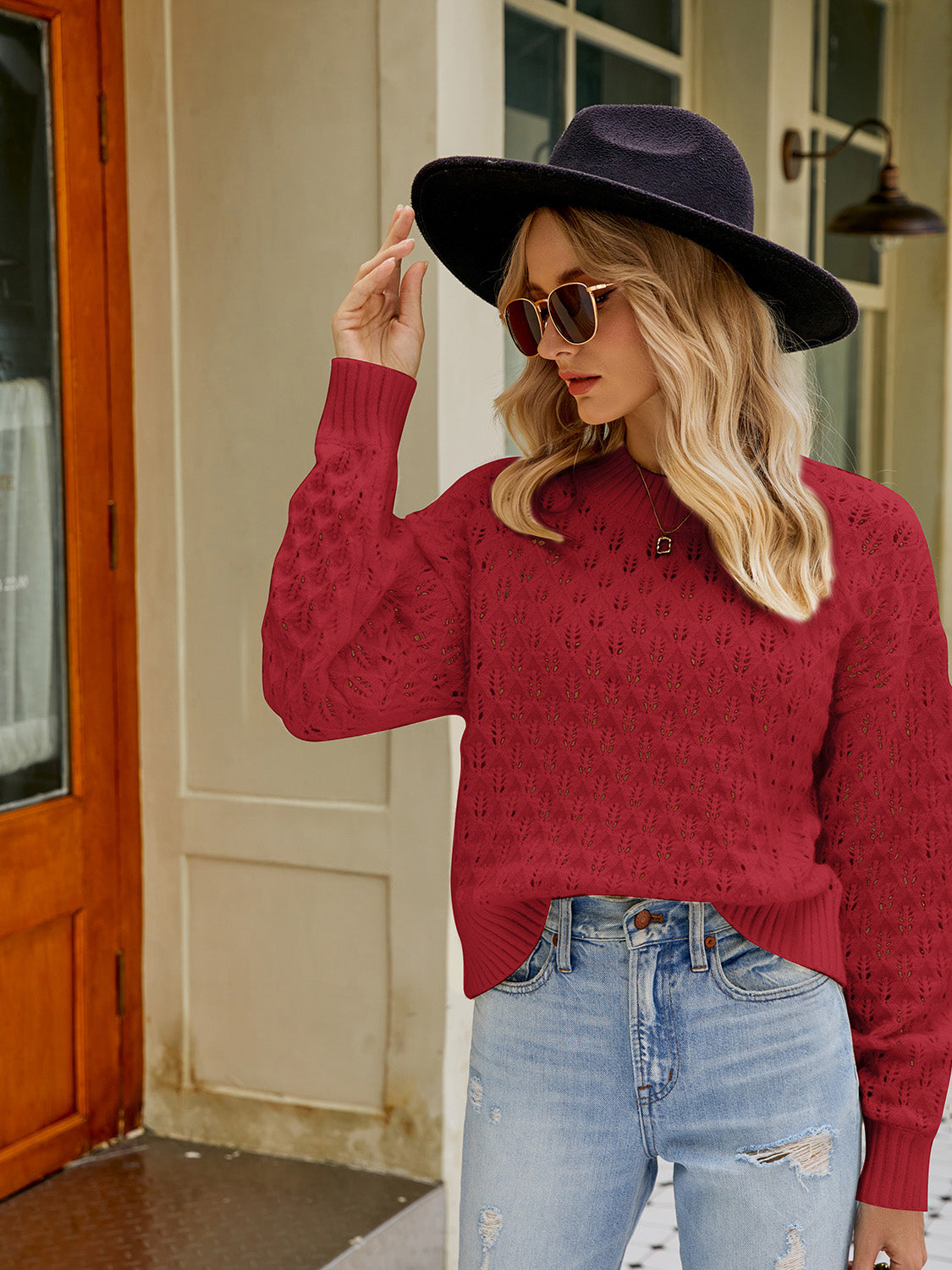Openwork Round Neck Sweater BLUE ZONE PLANET