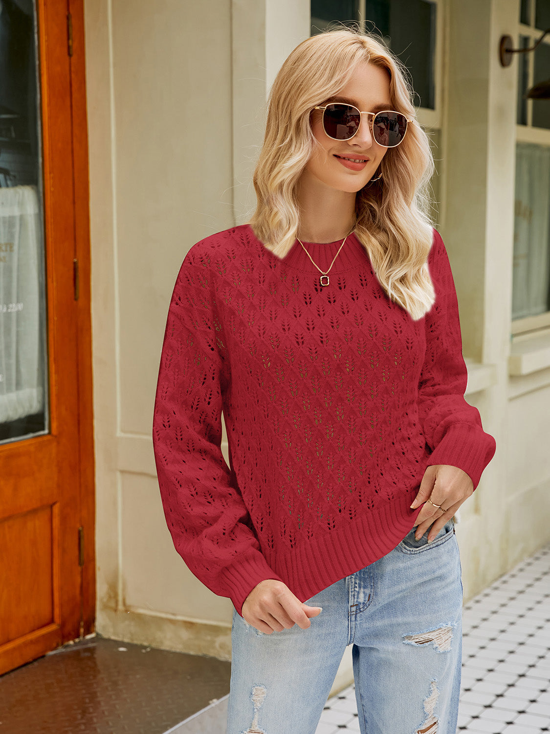 Openwork Round Neck Sweater BLUE ZONE PLANET