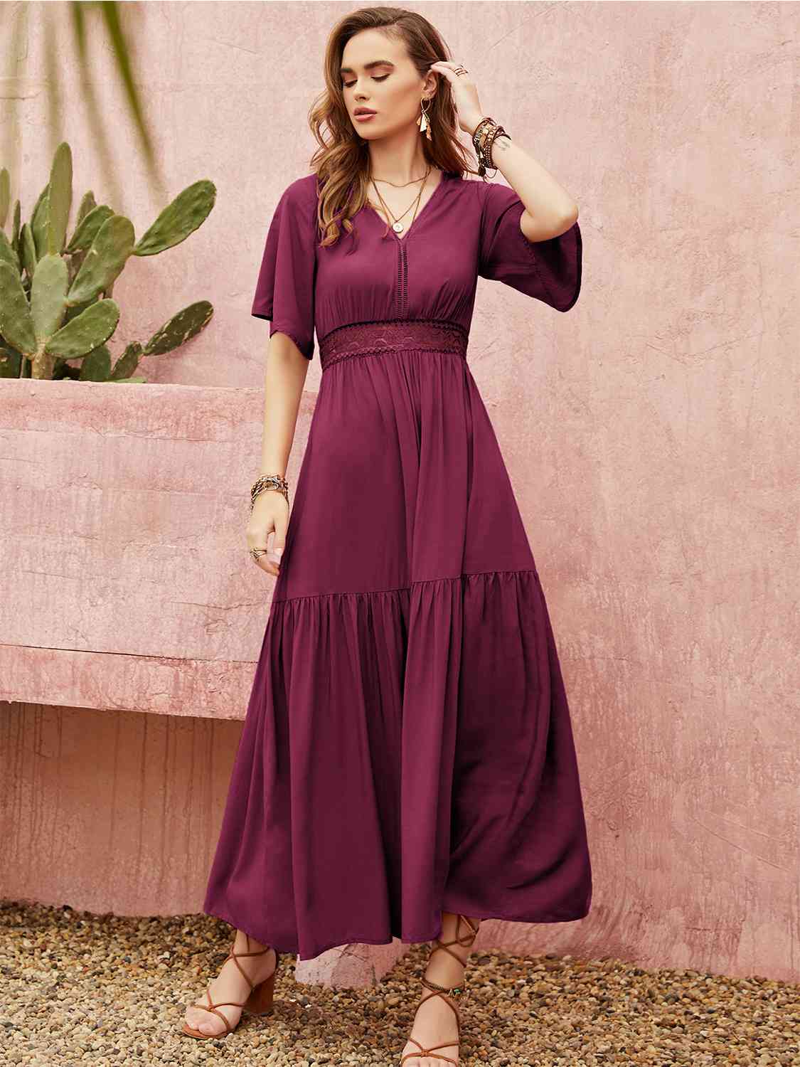 Openwork V-Neck Flare Sleeve Ruched Dress BLUE ZONE PLANET