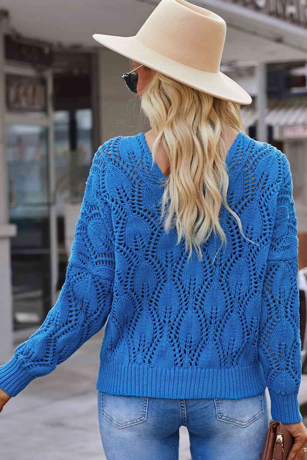 Openwork V-Neck Knit Top BLUE ZONE PLANET