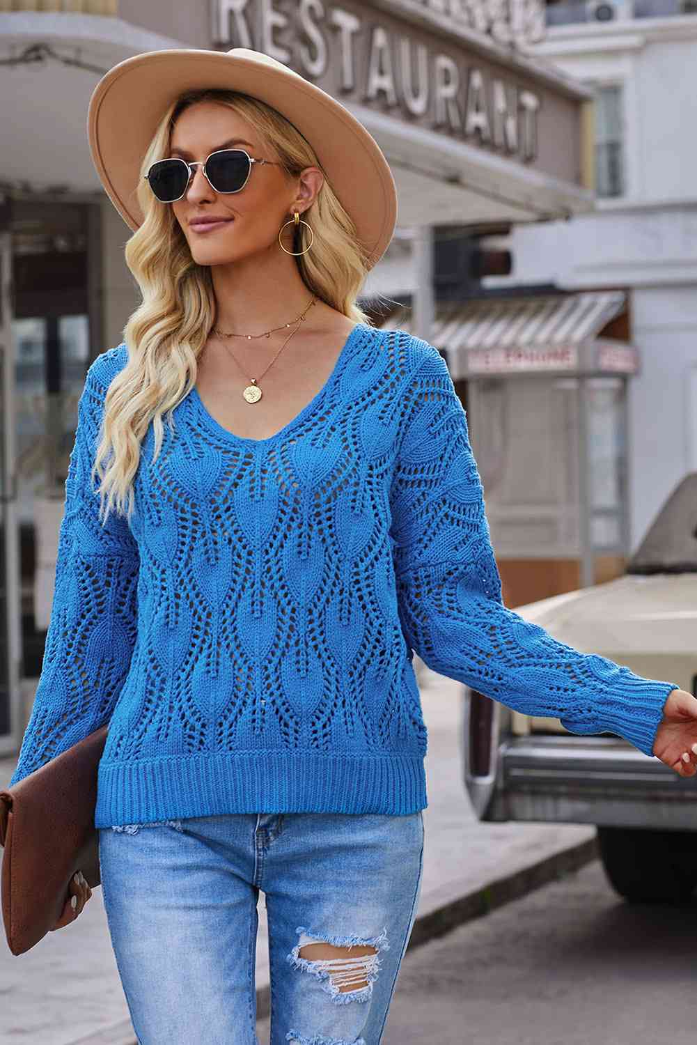 Openwork V-Neck Knit Top BLUE ZONE PLANET