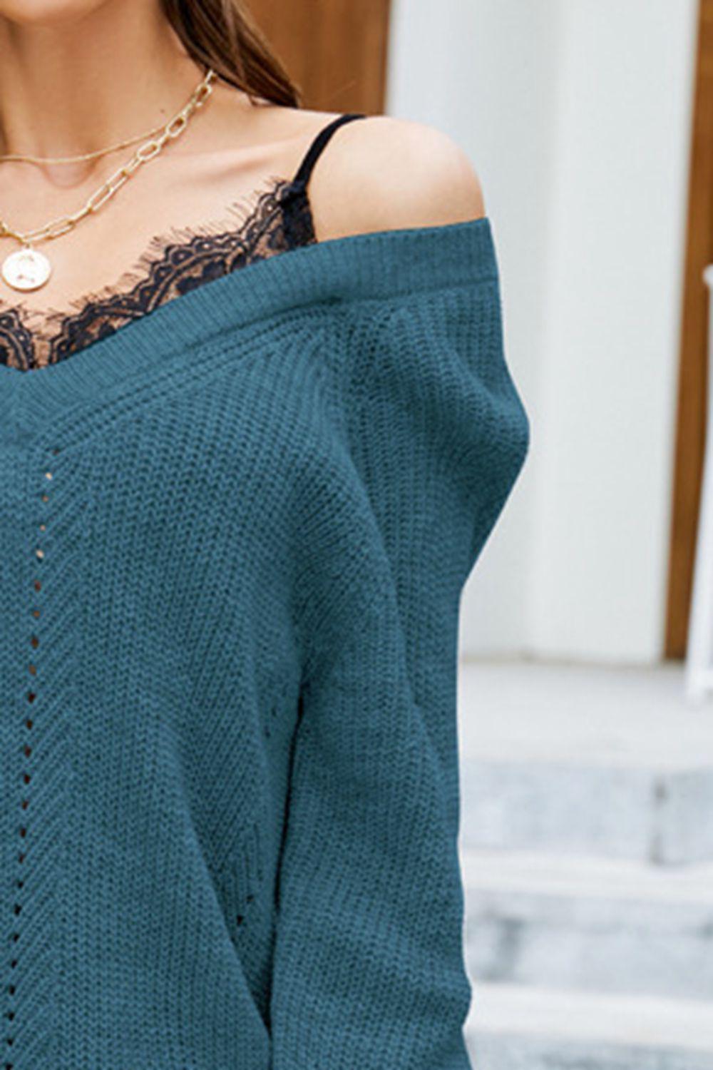 Openwork V-Neck Long Sleeve Sweater BLUE ZONE PLANET