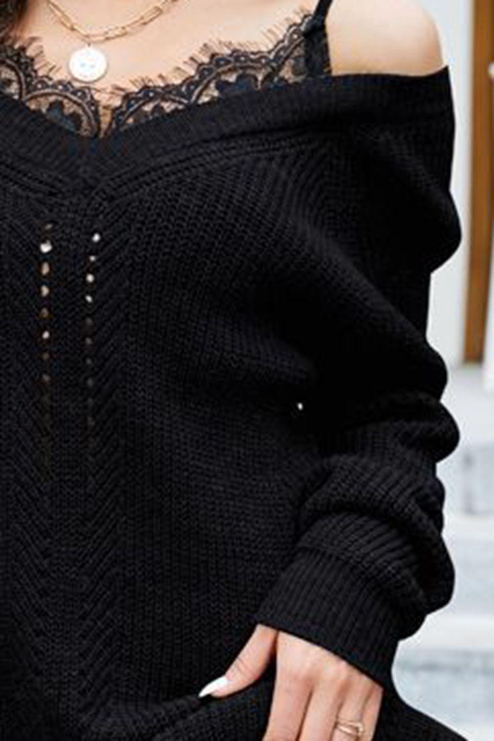 Openwork V-Neck Long Sleeve Sweater BLUE ZONE PLANET