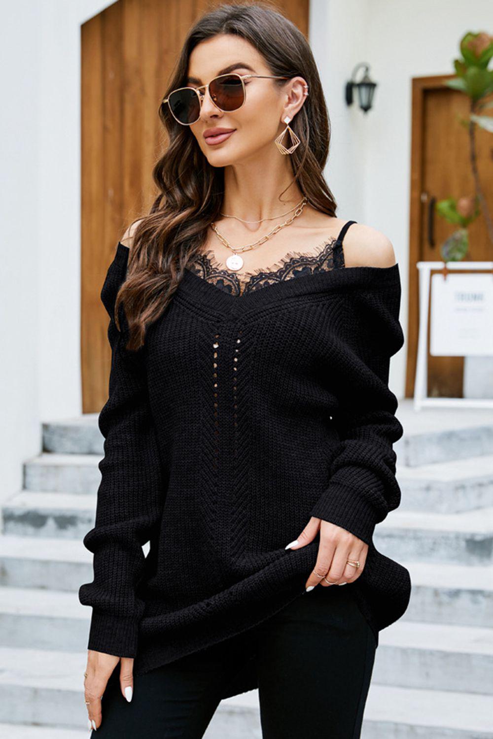 Openwork V-Neck Long Sleeve Sweater BLUE ZONE PLANET
