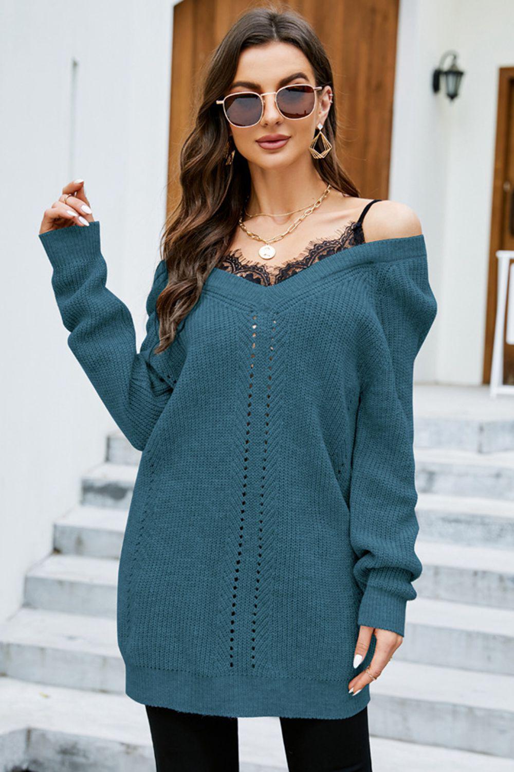 Openwork V-Neck Long Sleeve Sweater BLUE ZONE PLANET