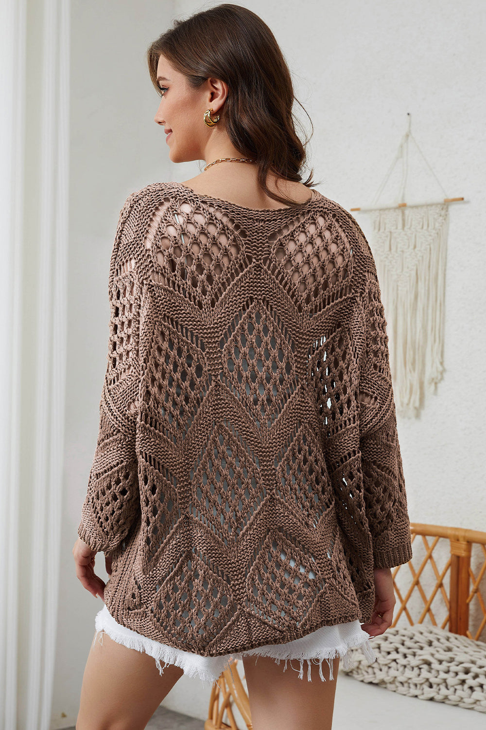 Openwork V-Neck Sweater BLUE ZONE PLANET