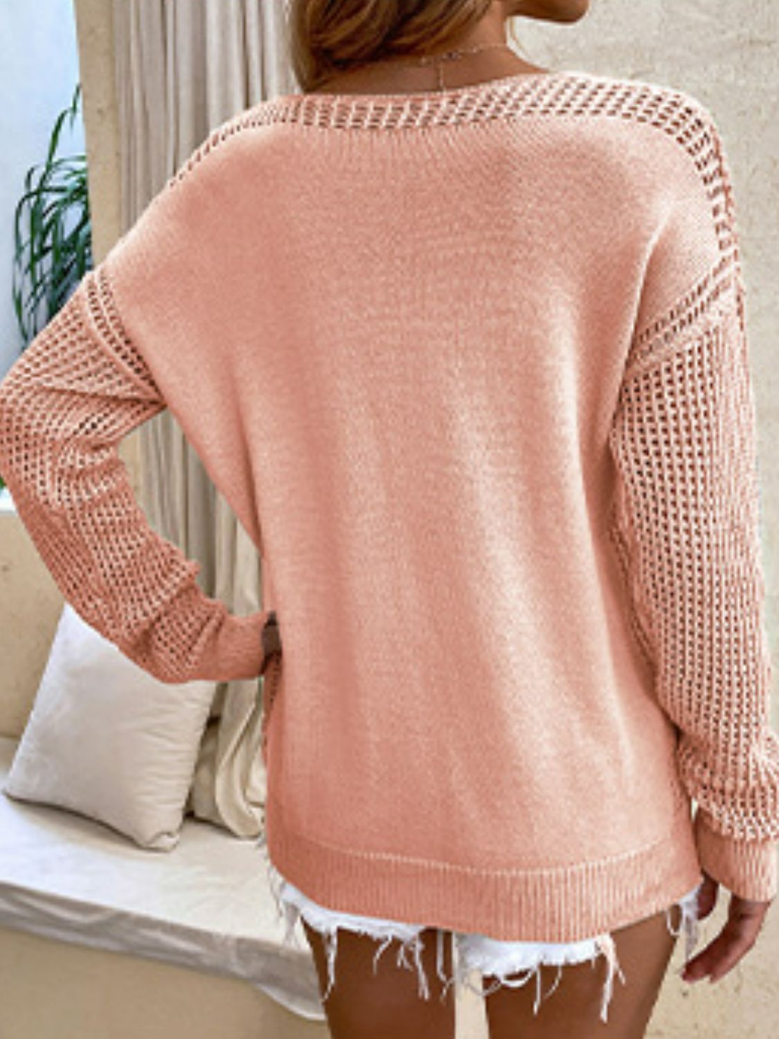 Openwork V-Neck Sweater BLUE ZONE PLANET