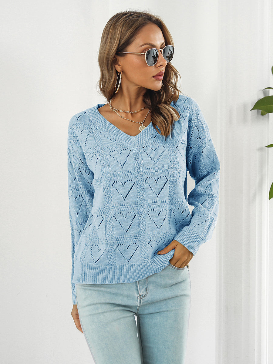 Openwork V-Neck Sweater BLUE ZONE PLANET
