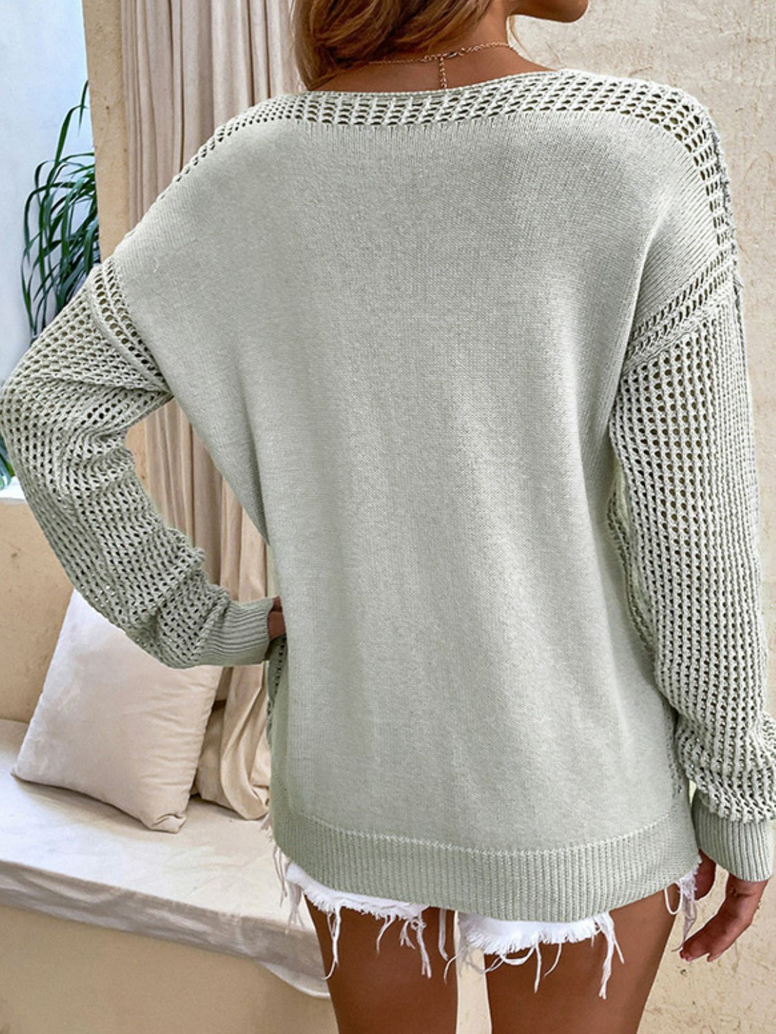 Openwork V-Neck Sweater BLUE ZONE PLANET