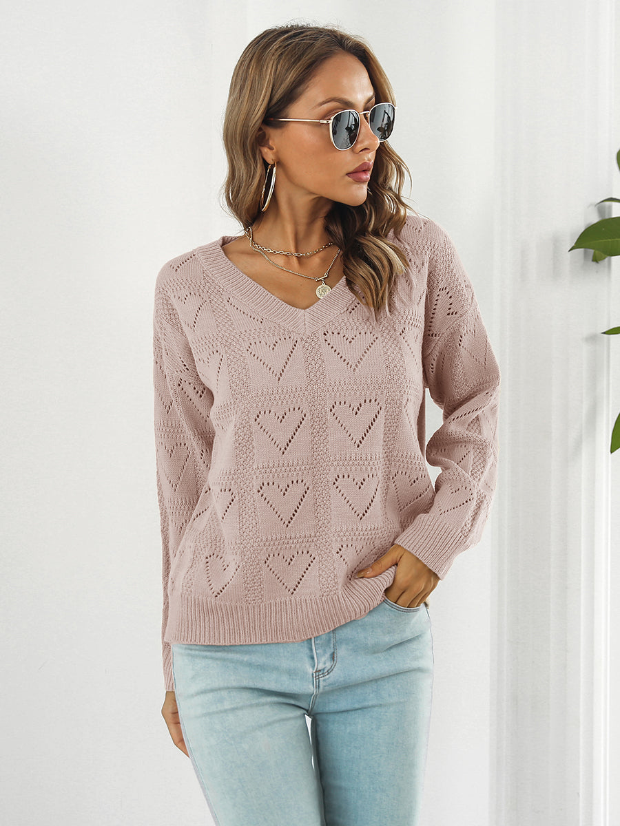 Openwork V-Neck Sweater BLUE ZONE PLANET