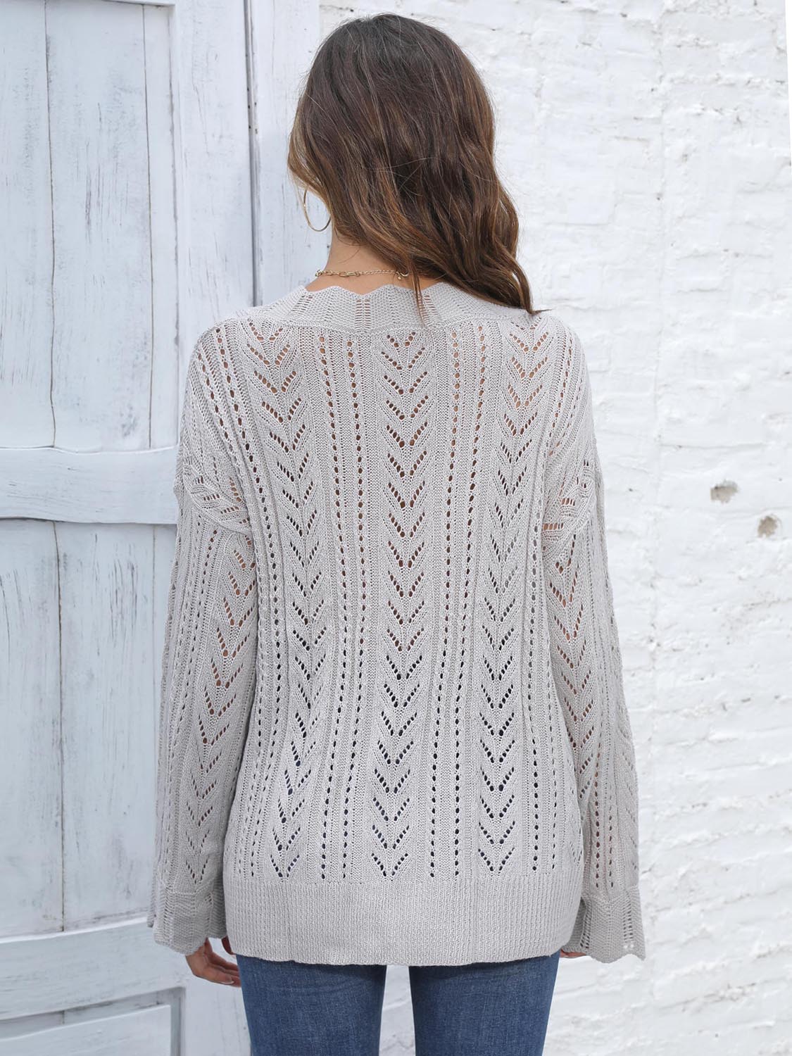 Openwork V-Neck Sweater BLUE ZONE PLANET