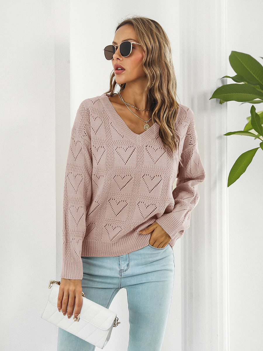 Openwork V-Neck Sweater BLUE ZONE PLANET