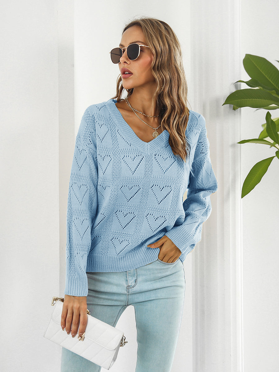 Openwork V-Neck Sweater BLUE ZONE PLANET