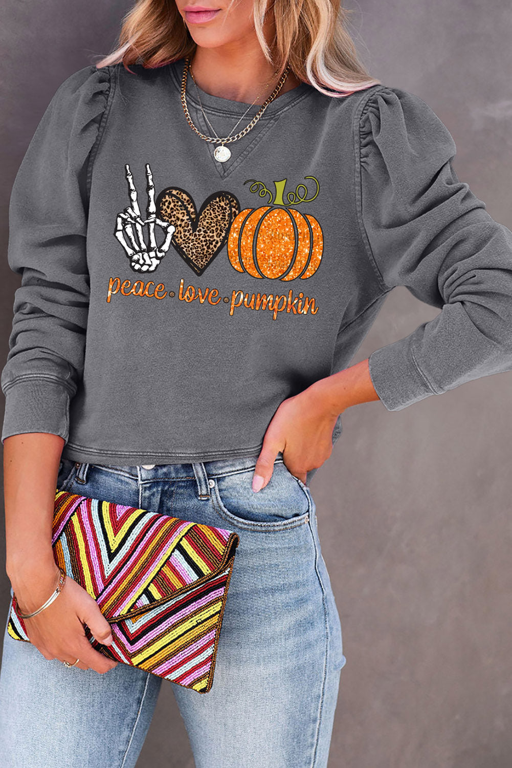 PEACE LOVE PUMPKIN Graphic Puff Sleeve Sweatshirt BLUE ZONE PLANET
