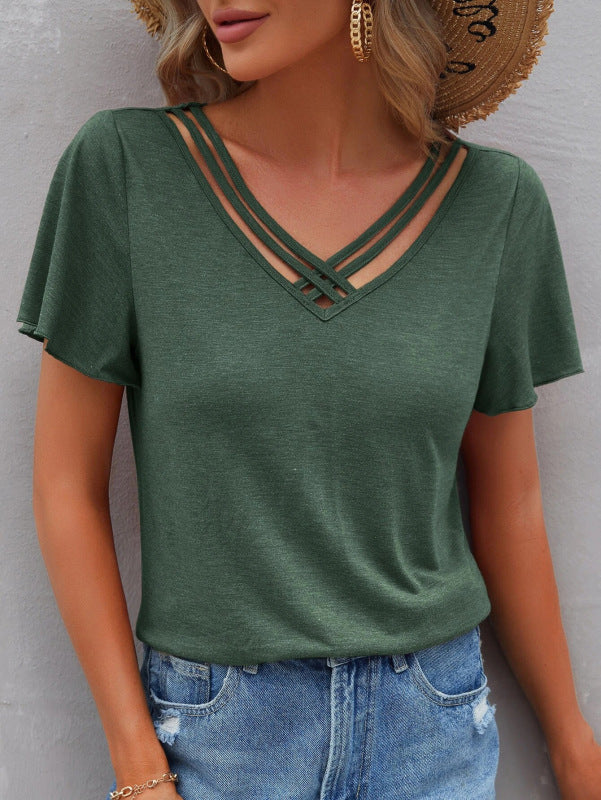 Blue Zone Planet | Solid Color Ruffle Sleeve Short Sleeve Top T-Shirt BLUE ZONE PLANET