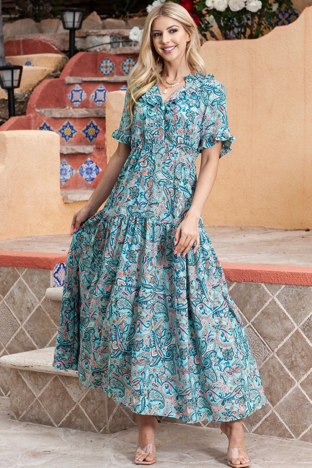 Paisley Print Flounce Sleeve Maxi Dress BLUE ZONE PLANET