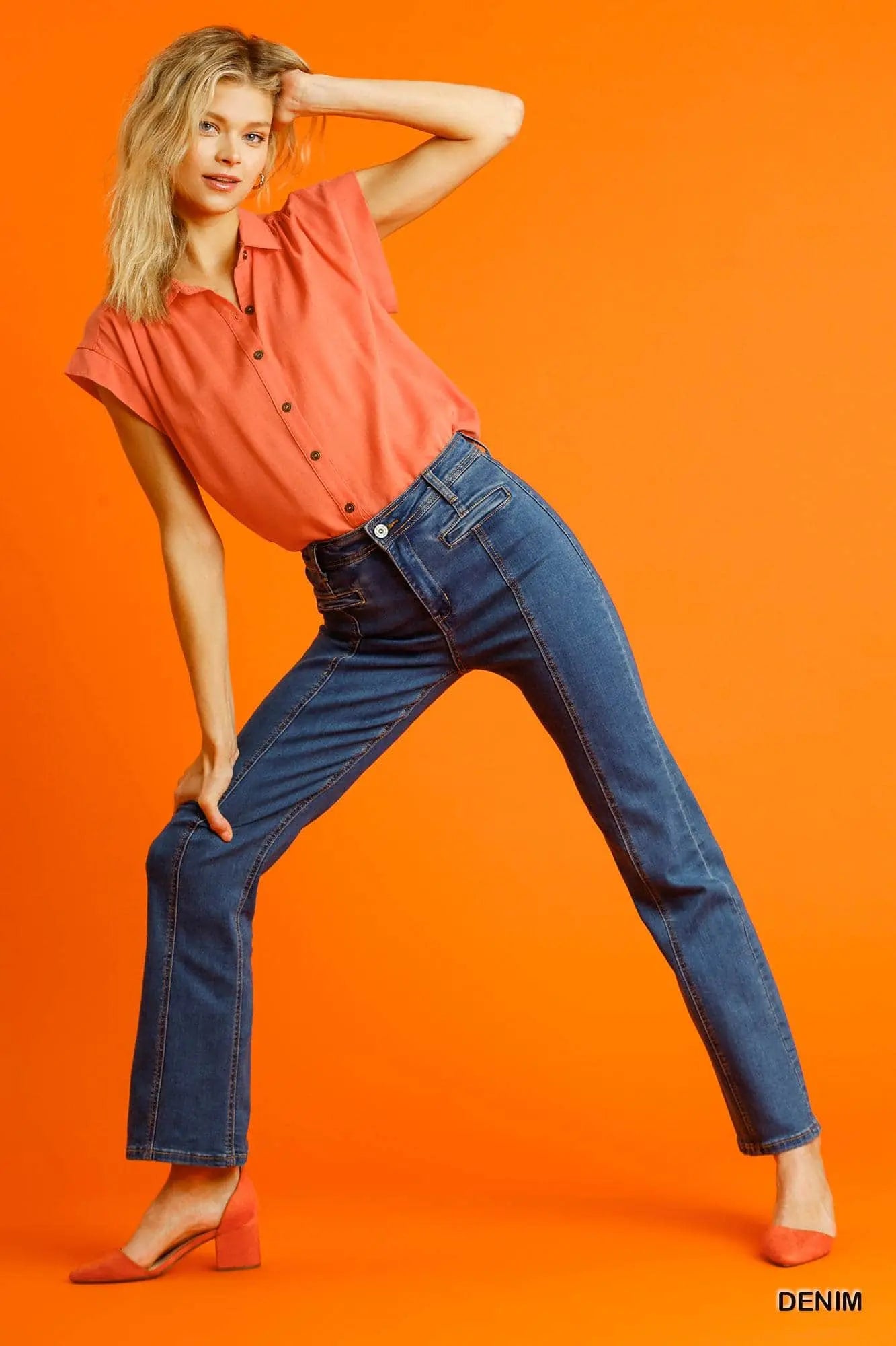 Panel Straight Cut Denim Jeans With Pockets Blue Zone Planet