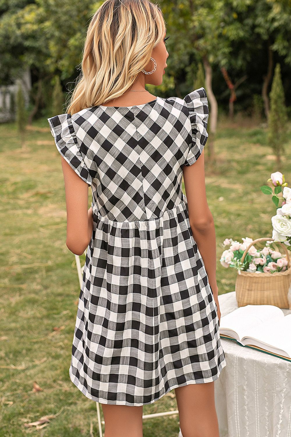 Plaid Butterfly Sleeve Deep V Dress BLUE ZONE PLANET