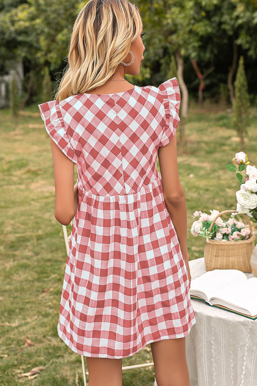 Plaid Butterfly Sleeve Deep V Dress BLUE ZONE PLANET