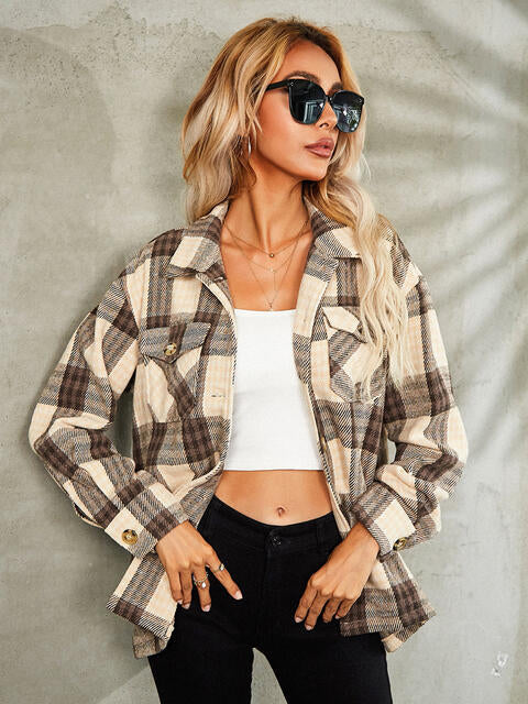 Plaid Button Down Collared Jacket BLUE ZONE PLANET