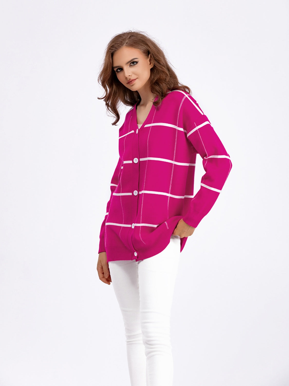 Plaid Button Down Drop Shoulder Cardigan BLUE ZONE PLANET