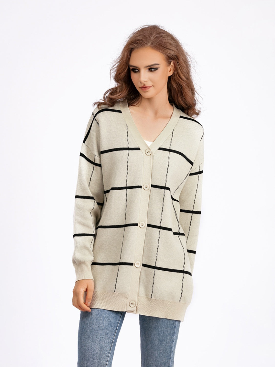 Plaid Button Down Drop Shoulder Cardigan BLUE ZONE PLANET