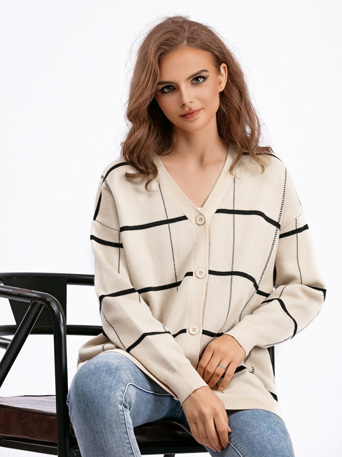 Plaid Button Down Drop Shoulder Cardigan BLUE ZONE PLANET