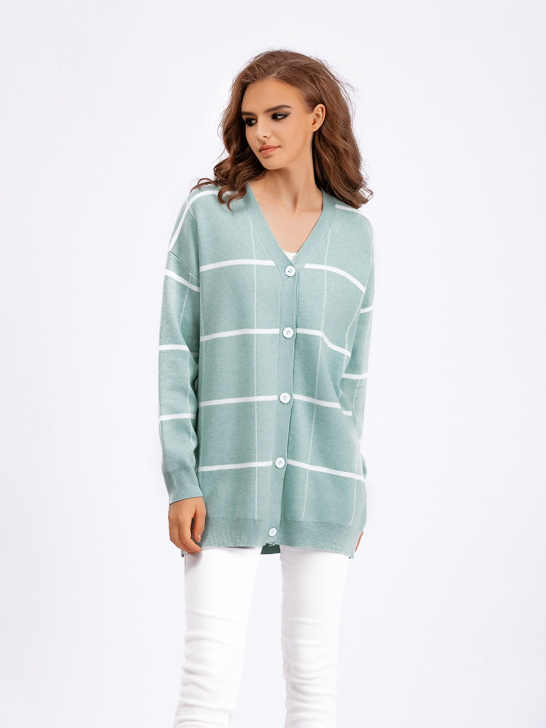 Plaid Button Down Drop Shoulder Cardigan BLUE ZONE PLANET