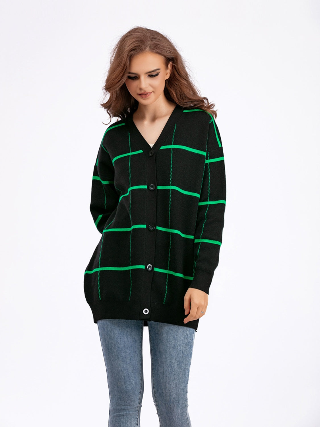 Plaid Button Down Drop Shoulder Cardigan BLUE ZONE PLANET