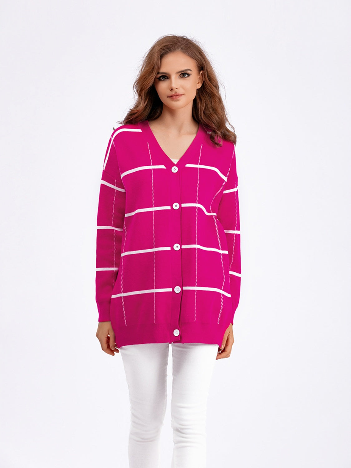 Plaid Button Down Drop Shoulder Cardigan BLUE ZONE PLANET