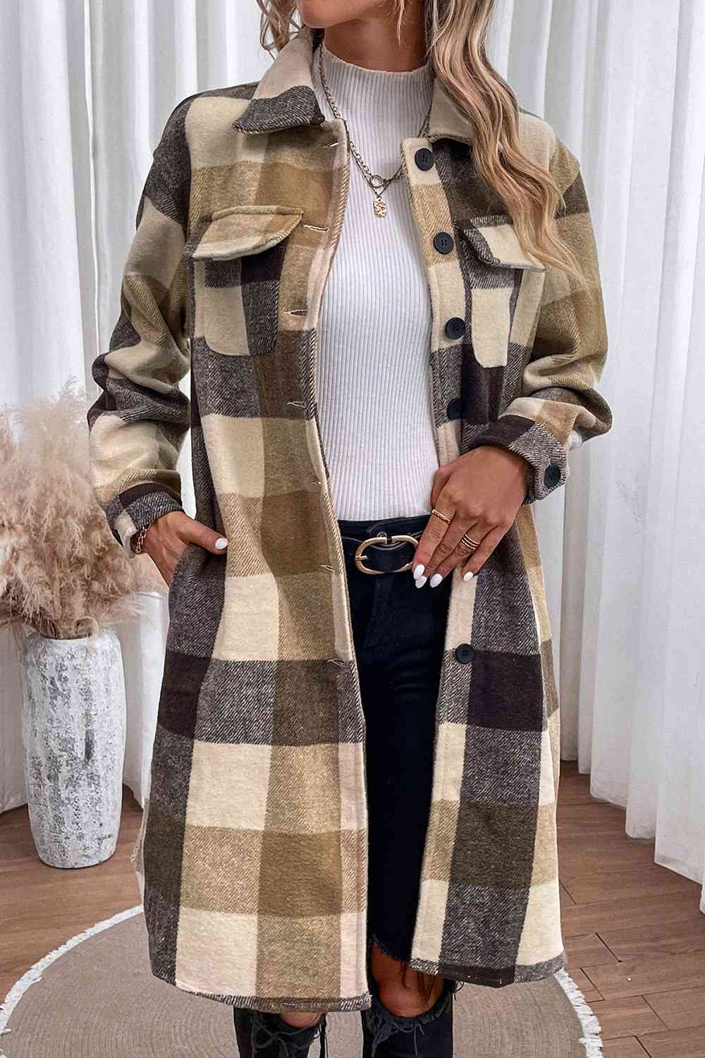Plaid Button Down Longline Coat BLUE ZONE PLANET