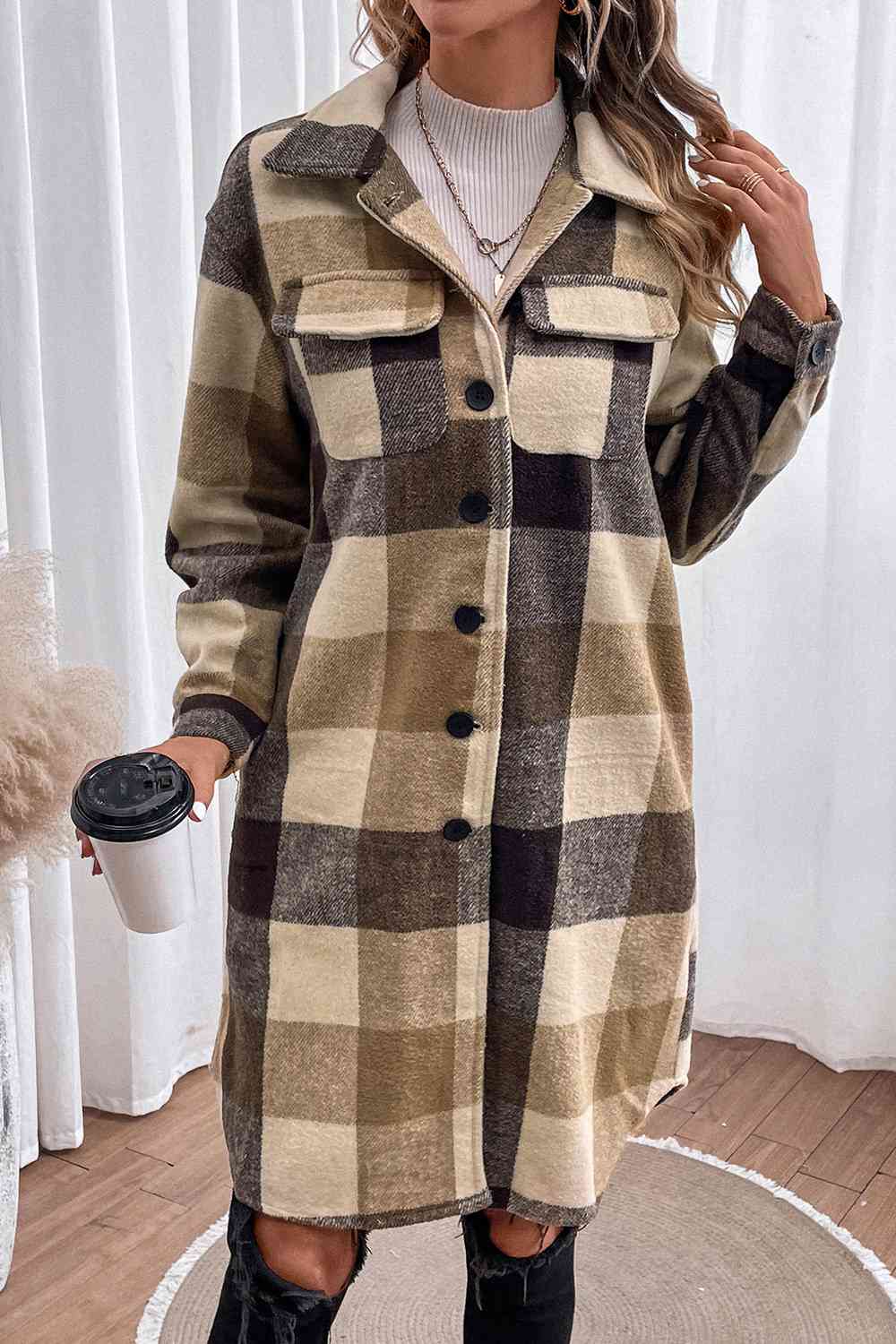 Plaid Button Down Longline Coat BLUE ZONE PLANET