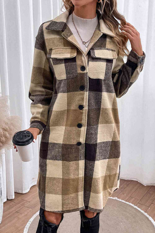 Plaid Button Down Longline Coat BLUE ZONE PLANET