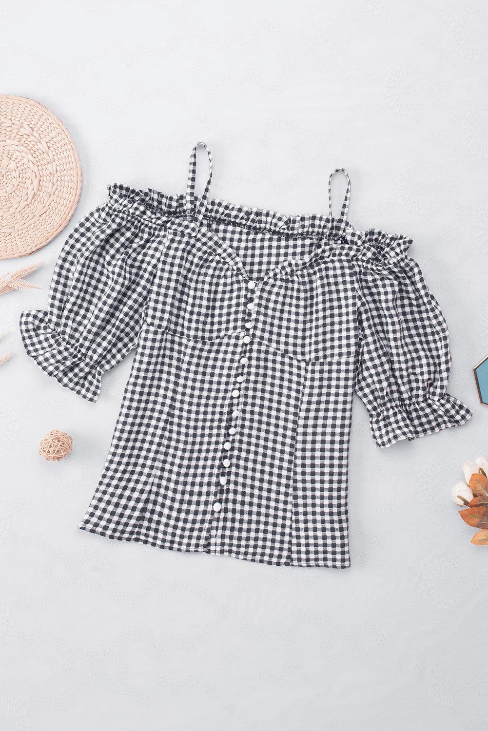 Plaid Buttoned Sweetheart Neck Cold-Shoulder Top BLUE ZONE PLANET
