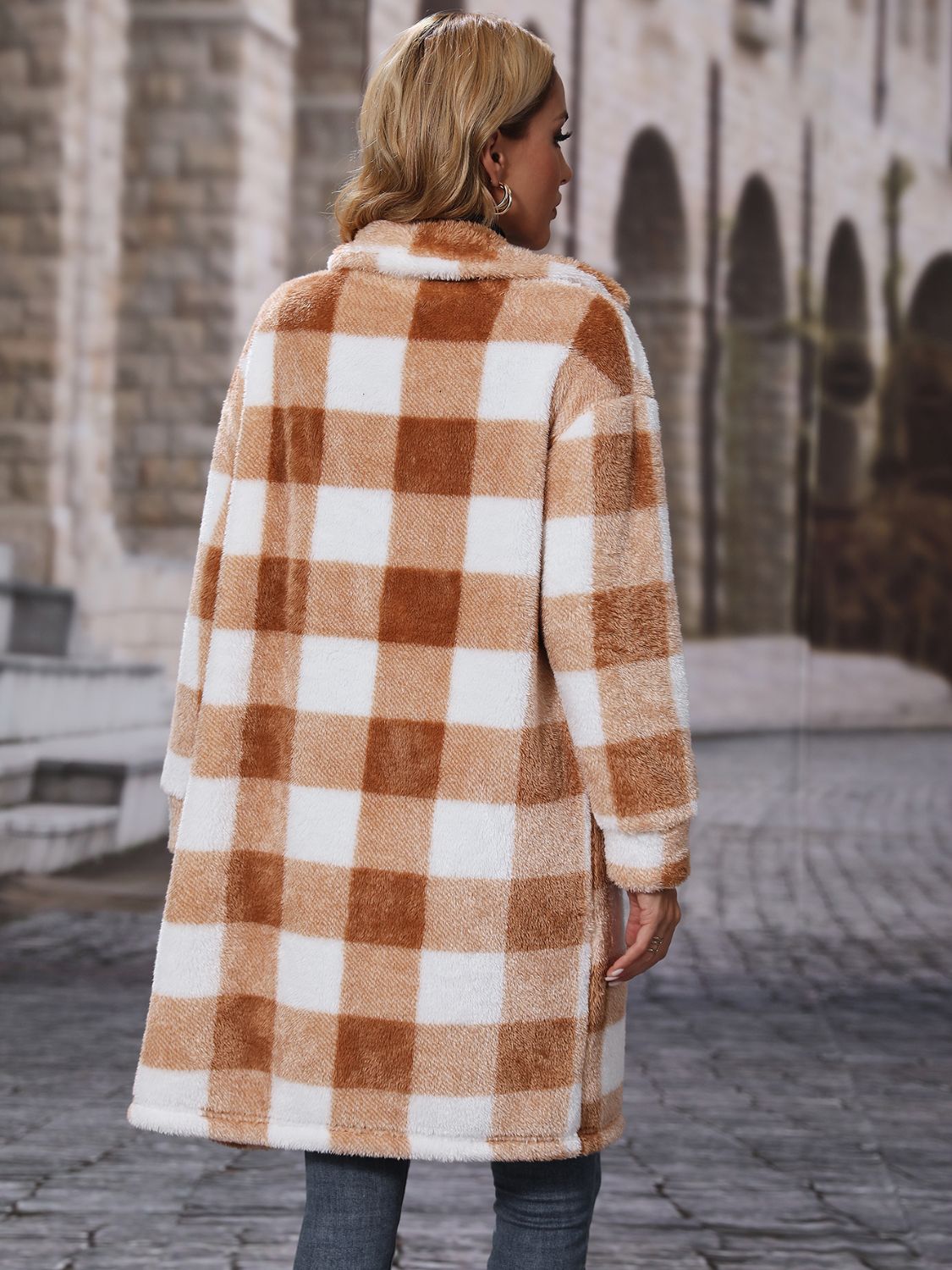 Plaid Collared Neck Button Down Coat BLUE ZONE PLANET