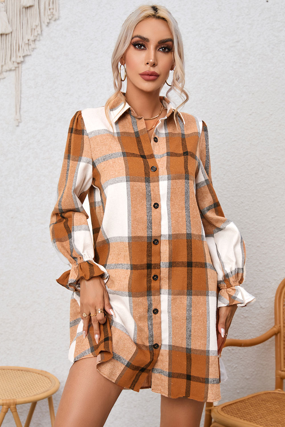 Plaid Collared Neck Flounce Sleeve Shirt Dress BLUE ZONE PLANET