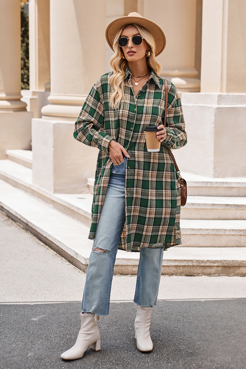 Plaid Collared Neck Long Sleeve Shirt BLUE ZONE PLANET