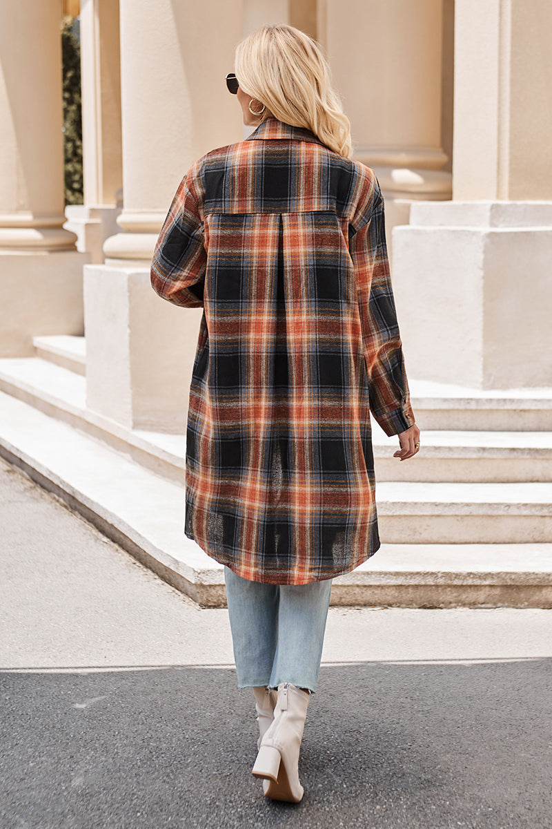 Plaid Collared Neck Long Sleeve Shirt BLUE ZONE PLANET