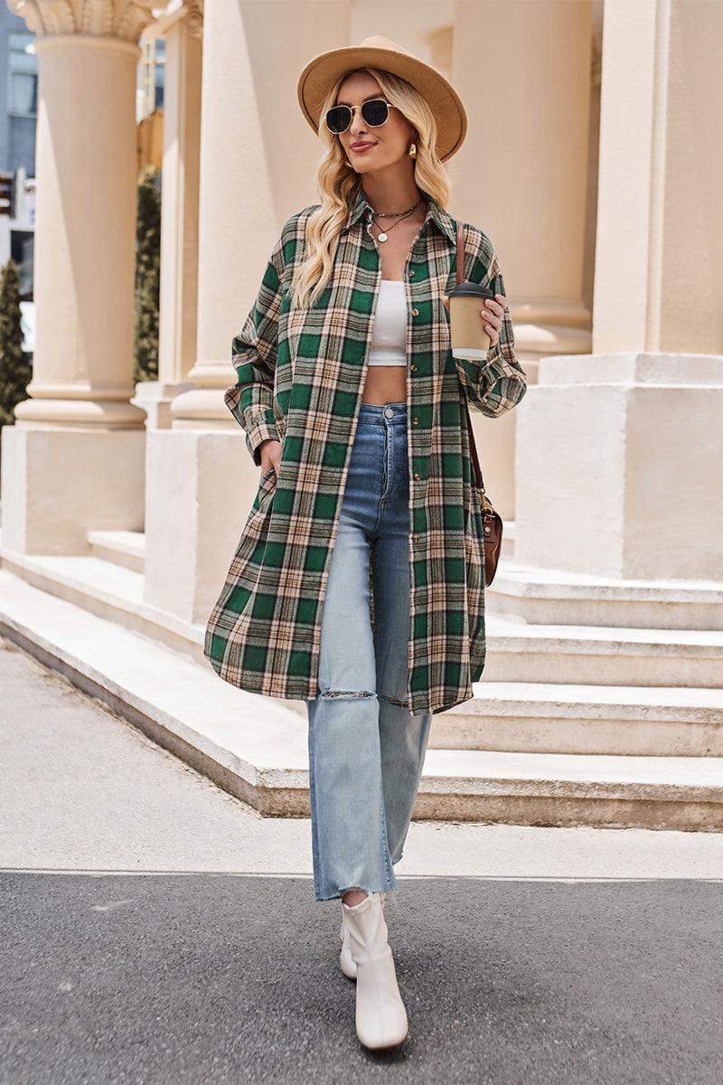 Plaid Collared Neck Long Sleeve Shirt BLUE ZONE PLANET