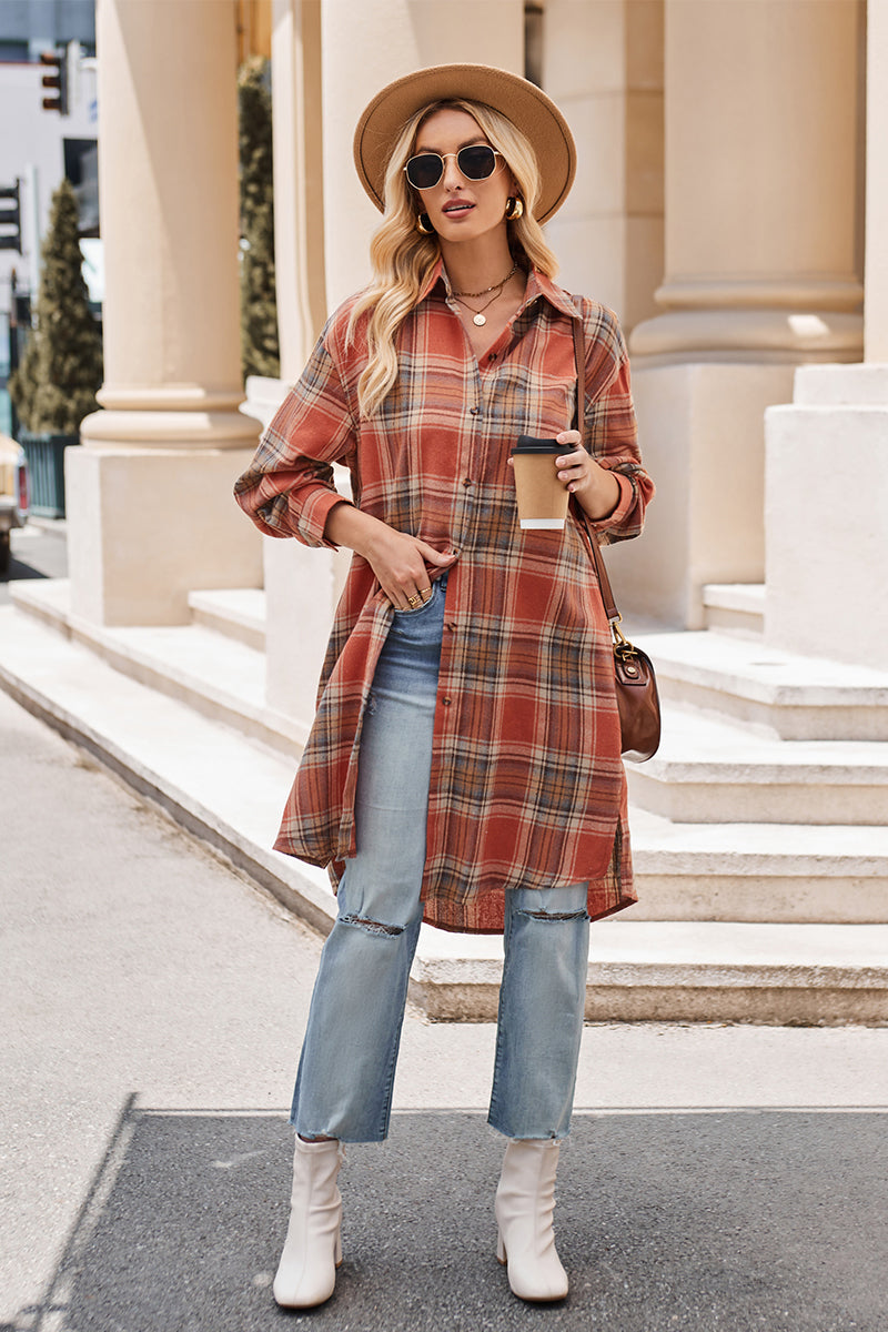 Plaid Collared Neck Long Sleeve Shirt BLUE ZONE PLANET
