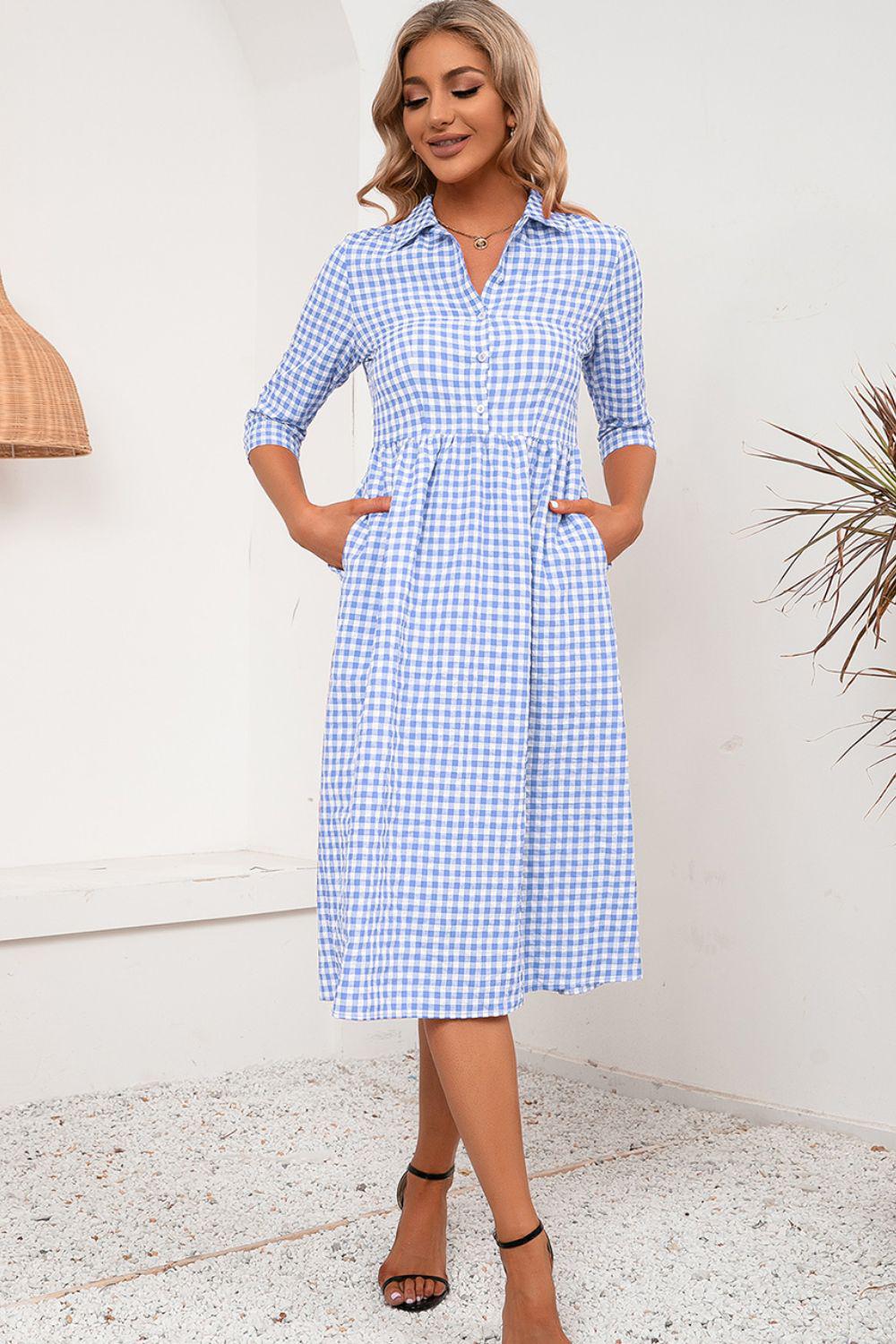Plaid Collared Neck Midi Dress BLUE ZONE PLANET