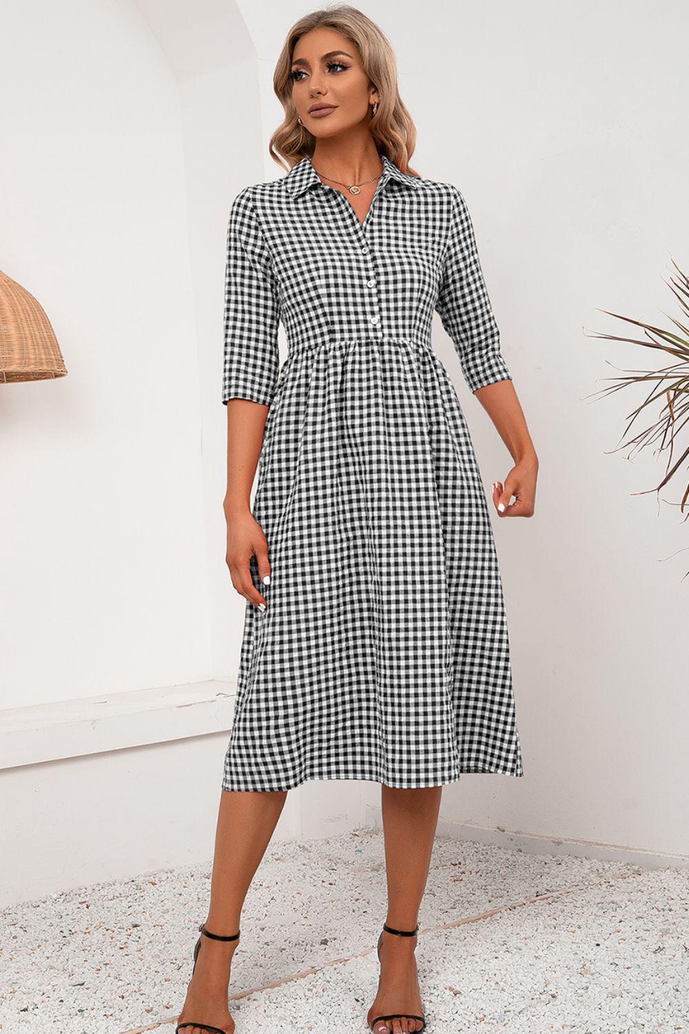Plaid Collared Neck Midi Dress BLUE ZONE PLANET