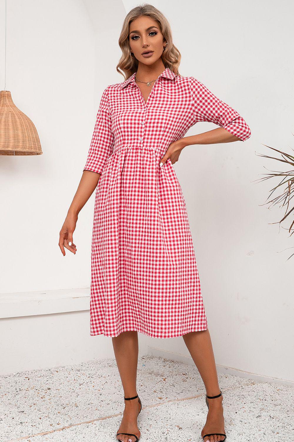 Plaid Collared Neck Midi Dress BLUE ZONE PLANET