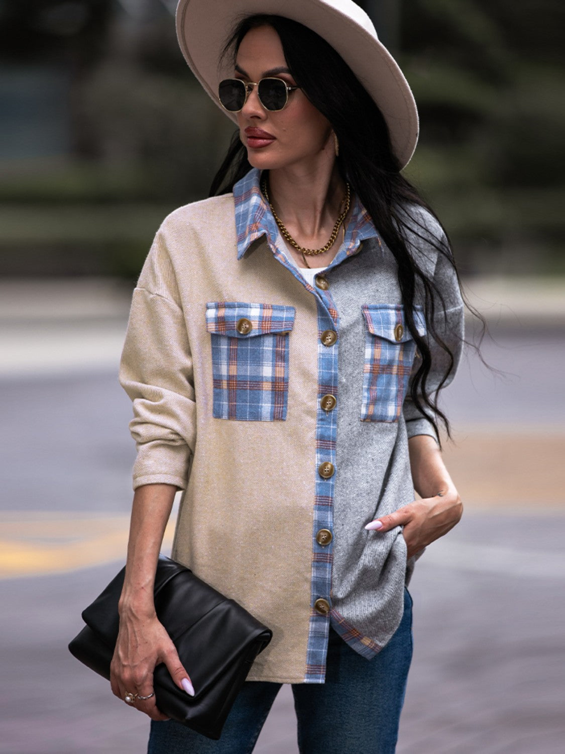 Plaid Contrast Drop Shoulder Shacket BLUE ZONE PLANET